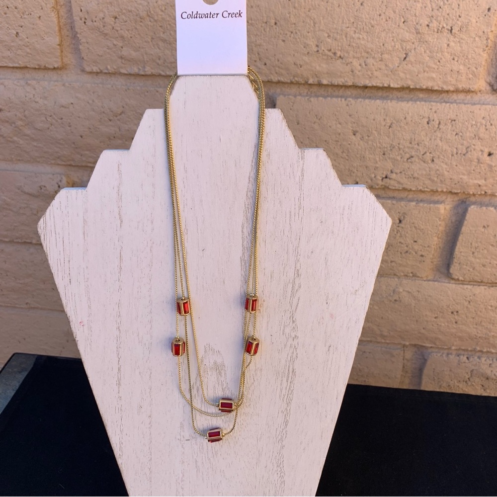 NWT Coldwater Creek Gold with Red Barrel Brilliant Baguette Necklace